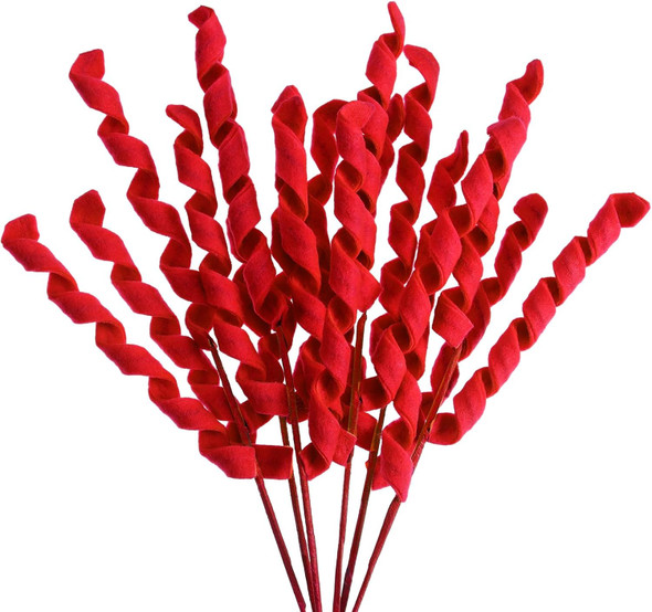 16 Pcs Christmas Tree Curly Picks Ornaments 15'' Fabric Holiday Xmas Picks Decorative Sprays for Xmas Tree, Wreath, Garland Craft Home Holiday Vase Filler Xmas Party Decor(Red,Solid Color)