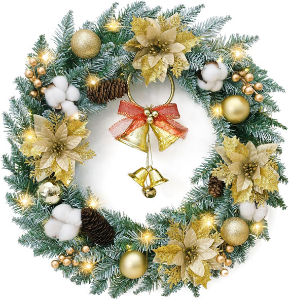 Veryhome Christmas Wreath Lights Winter Wreath, Christmas Wreaths for Front Door, Xmas Wreath with Pinecones and Gold Accents with LED Lights - Perfect for Fireplace Indoor Outdoor Holiday Decor
