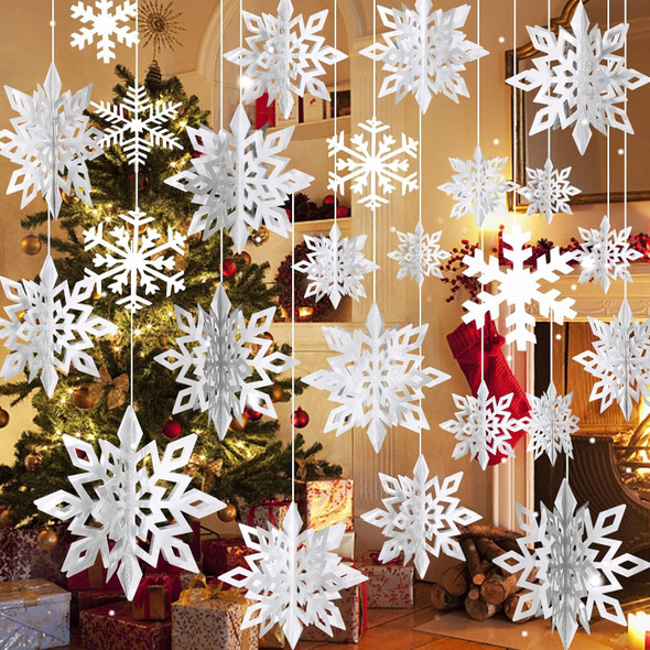 36PCS Christmas Hanging Snowflakes Decorations,24PCS 3D White Snowflakes Ornaments and 12PCS Flat Snowflakes Garland for Christmas Winter Wonderland Holiday Party Home Decor