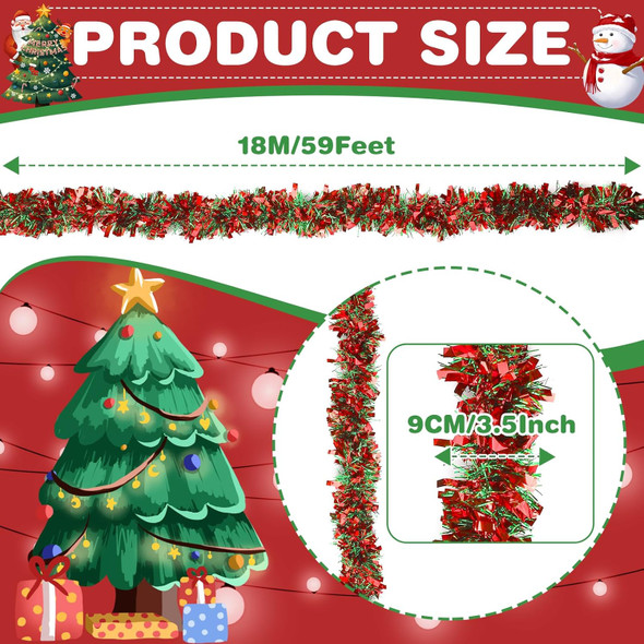 59 Feet Christmas Tinsel Garland Metallic Christmas Tree Garland Glitter Tinsel Twist Hanging for Christmas Tree Decorations, Indoor and Outdoor Christmas Garland Decorations(Red Green)