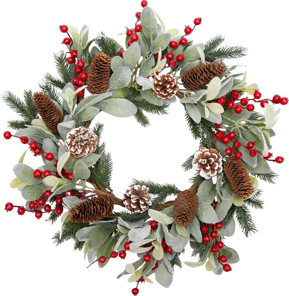 VGIA 20 Inch Christmas Wreath for Front Door Flocked Lambs Ear Wreath with Pine Needles Pinecones Red Berries Christmas Decorations for Indoor Outdoor Xmas Decor VGIA 20 Inch Christmas Wreath for Front Door Flocked Lambs Ear Wreath with Pine Needles Pinecones Red Berries Christmas Decorations for Indoor Outdoor Xmas Decor