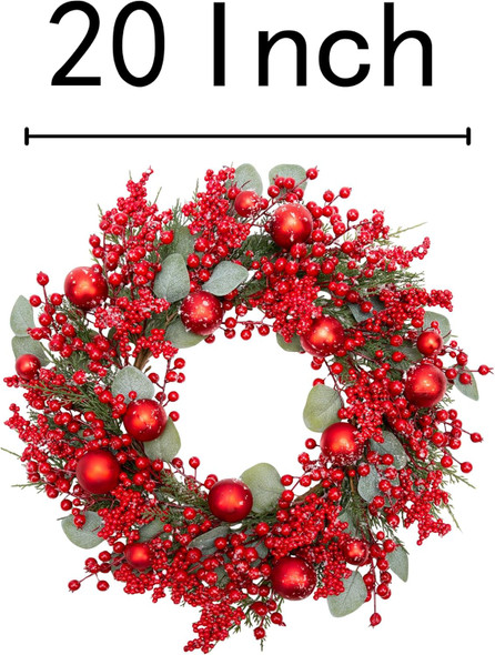 VGIA 20 Inch Christmas Wreath for Front Door Snowy Winter Wreath Christmas Decorations with Christmas Balls Artificial Red Berry Wreath with Pine Needles for Indoor Outdoor Xmas Decor