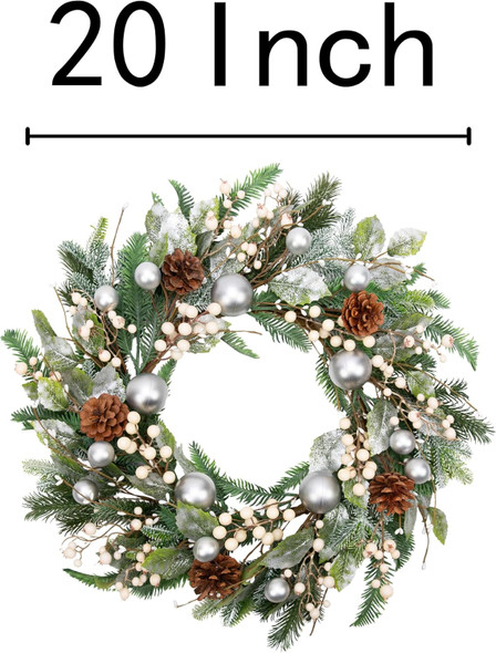 VGIA 20 Inch Christmas Wreath for Front Door Artificial Door Wreath for Christmas Decor Xmas Wreath with Christmas Balls Pine Needles Pine Cone for Holiday Party Farmhouse Decorations