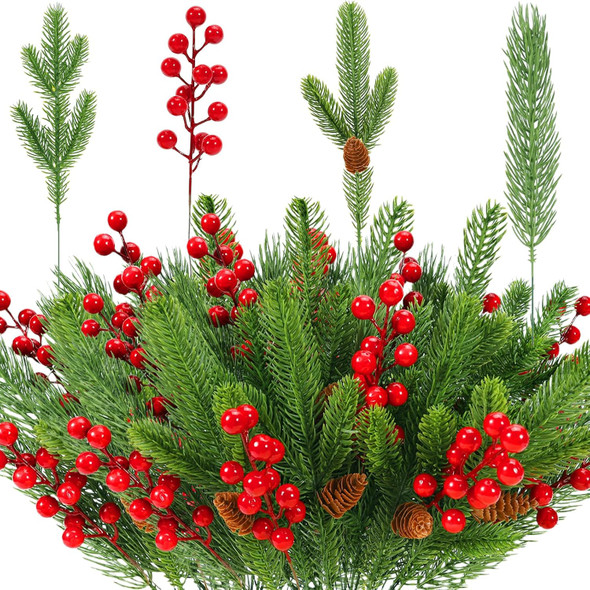 70 Pcs Christmas Artificial Pine Branches and Red Holly Berries,Christmas Faux Greenery Picks Fake Cedar Pine Needles for DIY Wreath Garland Home Decoration