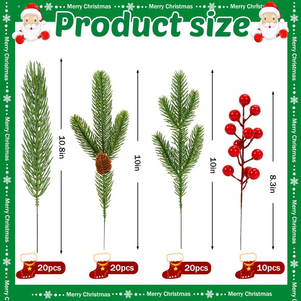 70 Pcs Christmas Artificial Pine Branches and Red Holly Berries,Christmas Faux Greenery Picks Fake Cedar Pine Needles for DIY Wreath Garland Home Decoration