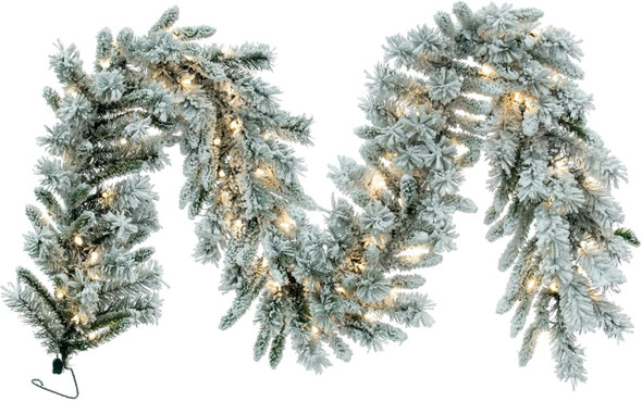 Vickerman 9' Snow Ridge Artificial Christmas Garland - Pure White LED Lights - Faux Snowy Christmas Garland - Flocked Garland - Indoor Seasonal Home Decor