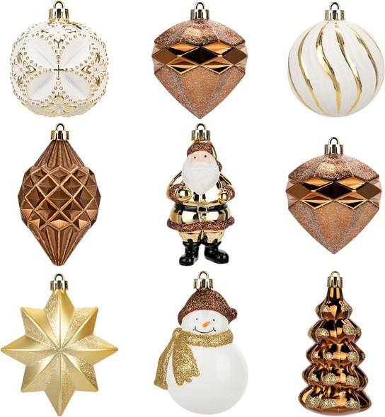 9 PCS Bronze Assorted Christmas Ball Ornaments Set Hanging Decorations for Christmas Tree, 3.1"-4" Shaped Xmas Tree, Snowman, Santa Claus Decorations Balls, Earth Tone Plastic Ornaments Shatterproof