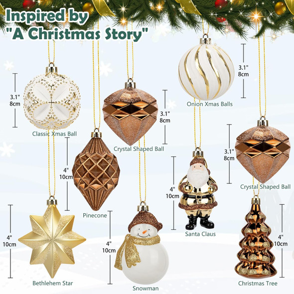 9 PCS Bronze Assorted Christmas Ball Ornaments Set Hanging Decorations for Christmas Tree, 3.1"-4" Shaped Xmas Tree, Snowman, Santa Claus Decorations Balls, Earth Tone Plastic Ornaments Shatterproof