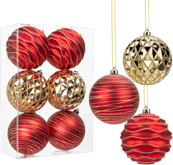 4.3" Large Christmas Balls Ornaments Set, 6-Pack Xmas Tree Decorations Balls, Shatterproof Glossy Pendant Plastic Indoor Christmas Decorations, Red and Gold Assorted Hanging Ball for Holiday, Party