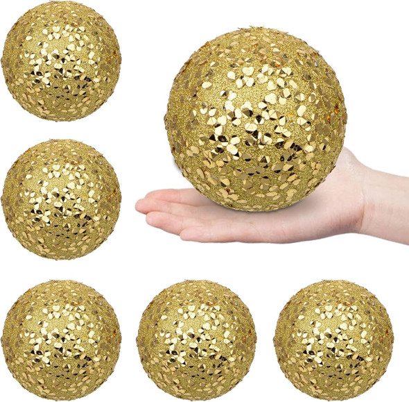 4" 6 Pcs Christmas Balls Ornaments Set Hanging Decorations, Large Xmas Tree Ornaments Balls, Shatterproof Glitter Indoor Christmas Decoration for Tree Holiday Garland Party Bowl Filler, Gold