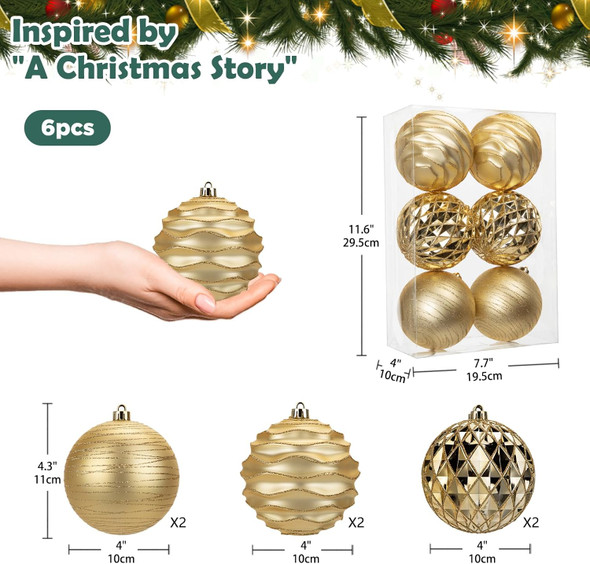 4.3" Large Christmas Balls Ornaments Set for Tree, 6-Pack Xmas Tree Decorations Balls, Shatterproof Glossy Pendant Plastic Indoor Christmas Decorations, Gold Assorted Hanging Balls for Holiday, Party