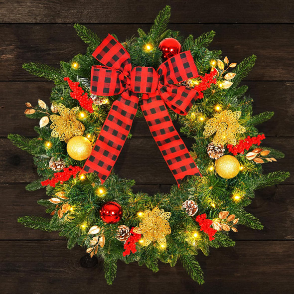 24inch Extra Large Pre-lit Christmas Wreath 8 Modes Lighting Artificial Deluxe Lighted Christmas Wreath Decorations Ornament with LED Lights Door Window Fireplace Decor Timer Function (24 INCH)