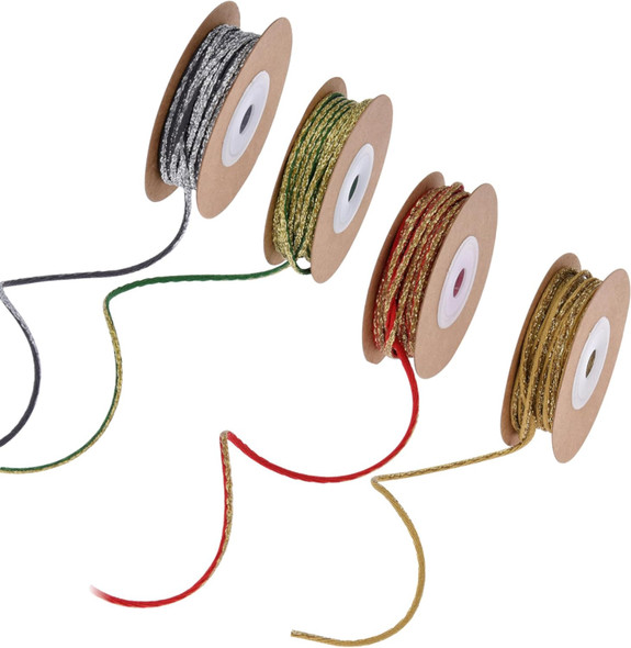4 roll Christmas Ribbon 2mm Width Xmas Tree Trim Garland Rope Wrapping Ribbon for Craft Projects Party Wedding Home Decorations (Metallic Glitter Rope)
