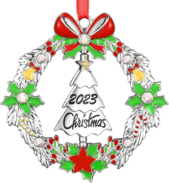 Christmas Ornament Decoration for Christmas Tree Hanging Metal Christmas Wreath with Rotatable Tree Dated Shiny Silver Ornaments Holiday Decorative Xmas s for Family Friends