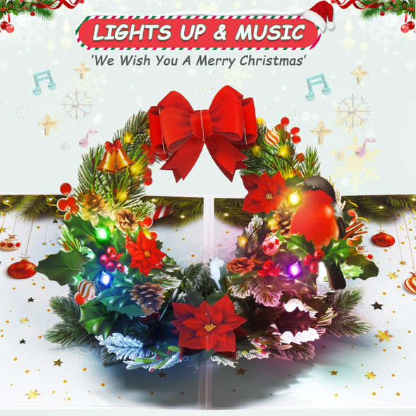 Pop Up Christmas Cards with Lights and Music, 3D Christmas Wreath Design, Handmade Musical Popup Greeting Card for Christmas Holiday Includes Envelop, Playing 'We Wish You a Merry Christmas'