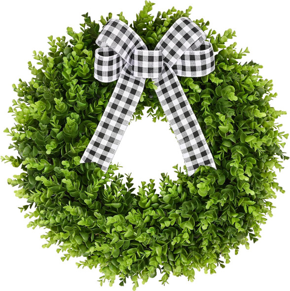 24" Faux Round Boxwood Wreath, Vlorart Artificial Boxwood Wreath Front Door Wreaths Artificial Spring Summer Greenery Hanging with A Plaid Bow and sash for Front Door Wall Hanging Window Wedding Decor