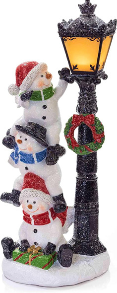 VP Home Christmas Snowman Decor Christmas Figurines Resin Snowman Lighted Decorations Indoor Glowing Lamppost Trio Wreath LED Holiday Light Up Snowman Indoor Festive Fiber Optic Decorations