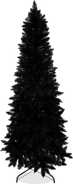 7ft Artificial Pencil Slim Black Christmas Tree Unlit-Tall Skinny Hinged Full Real Tall Halloween Xmas Tree with 950 Branch Tips-Foldable Metal Stand-Easy Setup-Holiday Outdoor Indoor Décor