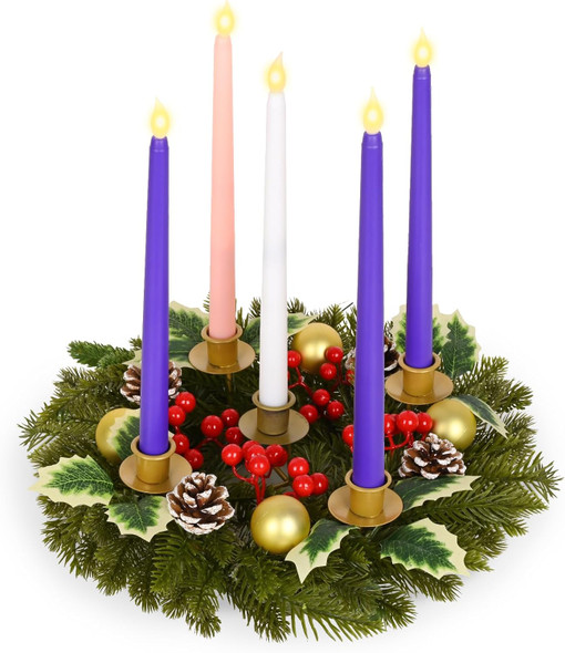 Waipfaru 6 Pcs Christmas Advent Wreath Advent Candle Holder with 5 Flameless Simulated Candles, 12 Inch Advent Wreath and Candles Set, Christmas Centerpiece Decorations for Table Indoor Home Church
