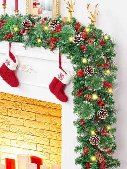 9 FT Christmas Garland with Lights, Lighted Christmas Garland for Mantel, Garlands for Decoration Christmas with Pinecone, Red Berry, Pine, 3 Modes Lighting Christmas Decor for Door, Table, Fireplace