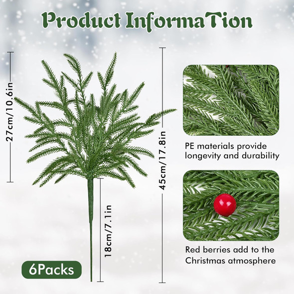 Waipfaru Christmas Decorations, 6 Pcs Christmas Norfolk Pine Stems, 18 Inch Real Touch Artificial Norfolk Pine Branches, for DIY Garland, Indoor & Outdoor Holiday Home Decor