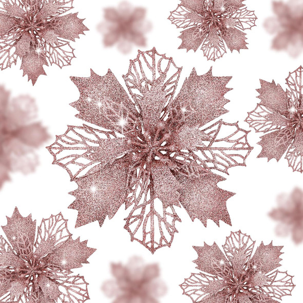 Waipfaru 24 Pcs Christmas Tree Decorations, Rose Gold Poinsettias Artificial Christmas Flowers, Pink Glitter Christmas Ornaments Picks for Christmas Tree Xmas Winter Wreath Garland Decor
