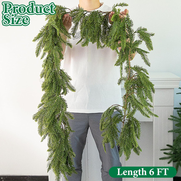 Watayo 6 Ft Christmas Norfolk Pine Garland- 3 Fork Dense Real Touch Pine Garland Ornament- Realistic Artificial Pine Greenery Garlands for Christmas Holiday Mantle Fireplace Table Home Decor