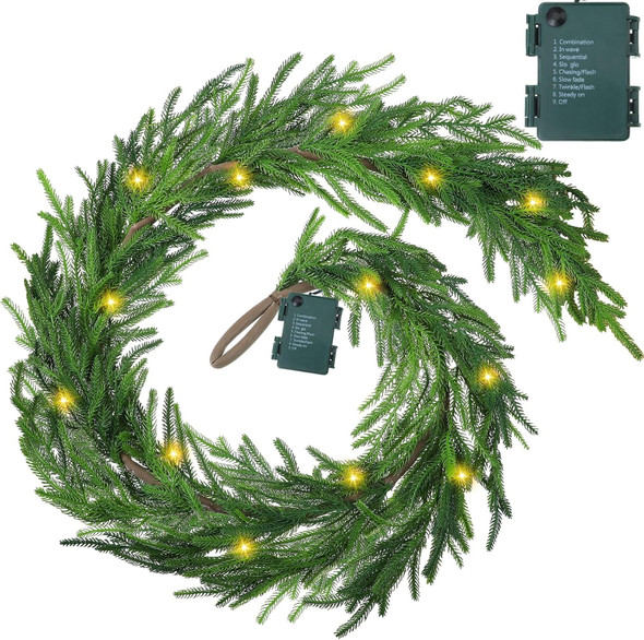 Real Touch Norfolk Pine Garland Faux Christmas Garland Pre Lit Artificial Pine Greenery Garlands with Warm White LED Lights for Xmas Holiday Wedding Party Outdoor Decorations (6 Feet, 1)