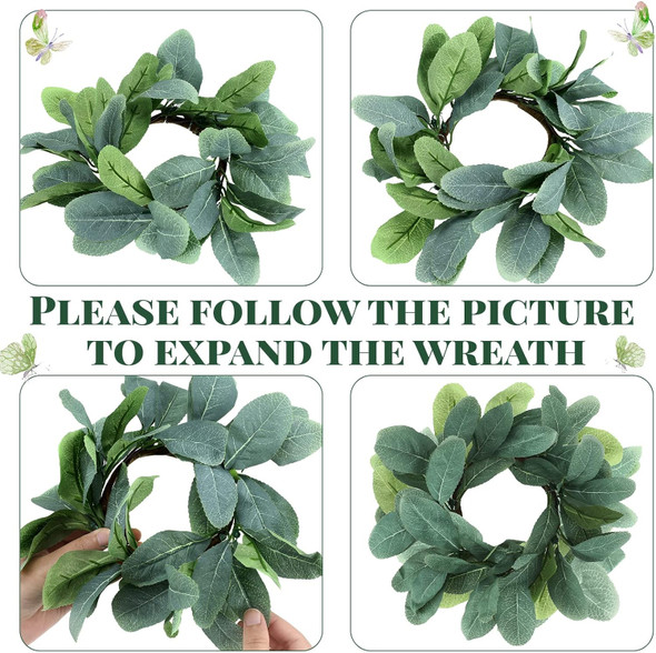 4 Pieces Candle Rings Artificial Eucalyptus Leaves Wreaths Candle Rings Wreaths Small Boho Wreath Pillar Candle Holder for Wedding Home Door Tabletop Decoration (Cute Leaf Style)