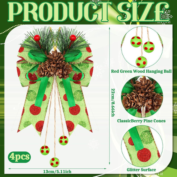 Waydress 4 Pcs Red Green Christmas Bows Decoration 8.66 Inch Large Glitter Dot Christmas Bows with Pine Cones Red Green Ribbons Elf Ornaments for Wreaths Garland Christmas Tree Party(Red Green)