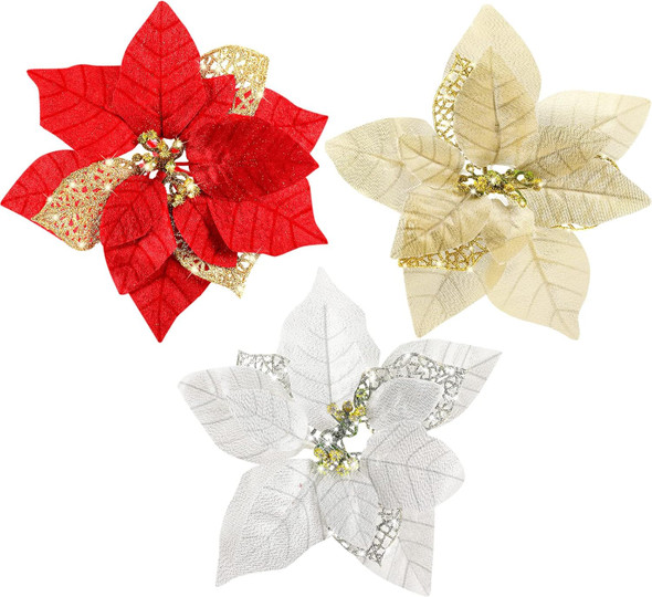 30 Pieces 8 Inches Large Christmas Artificial Poinsettia Flower Christmas Tree Glitter Faux Flowers Floral Wreath Garland Xmas Tree Ornaments for Wedding Holiday Wreath DIY (Red, Gold, Silver)
