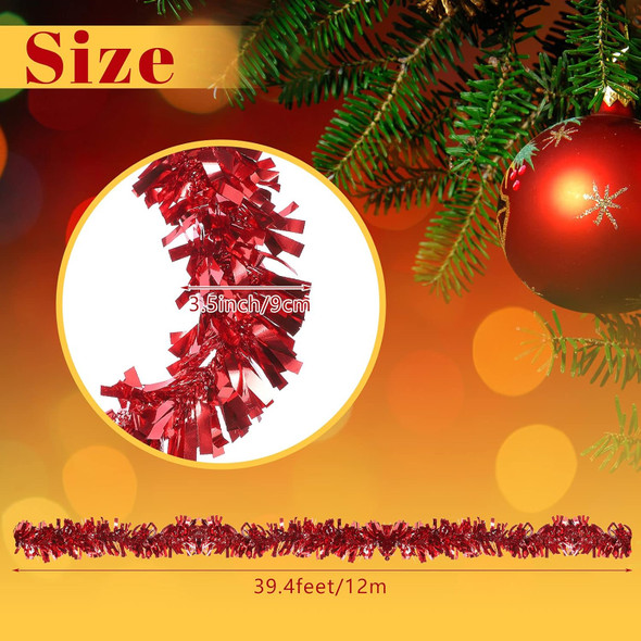 39.4 Feet Christmas Tinsel Garland Metallic Twist Garland Shiny Hanging Garland Ornaments for Christmas Tree Party Supplies Indoor and Outdoor Decoration(Red)
