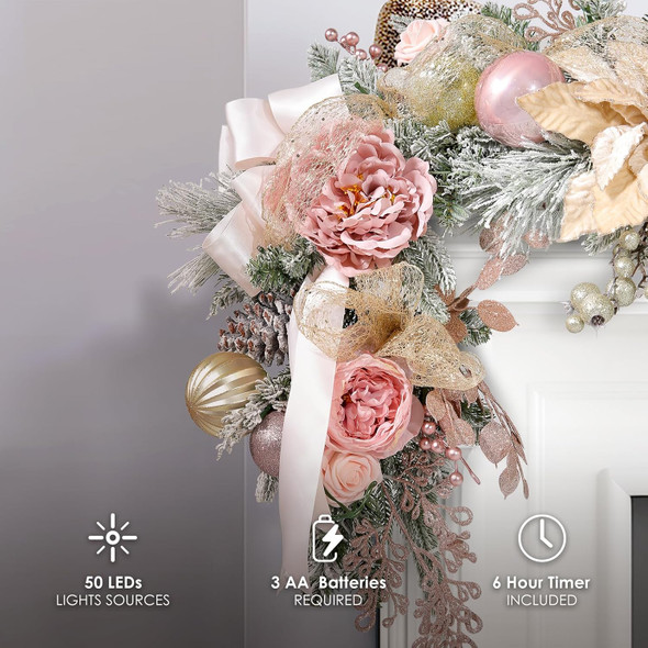 WBHome Pre-lit 6 Feet/72 Inch Christmas Garland, Rose Gold Lighted Garland with 50 LED Lights for Indoor Outdoor Xmas Decor Holiday Decorations, Battery Operated (Batteries NOT Included)