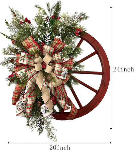 Christmas Wreath, 24 inch Artificial Plaid Bow Holiday Pine Cones Wreath Hanging Roulette Wheel Garland for Front Door Decoration and Christmas Party Decor