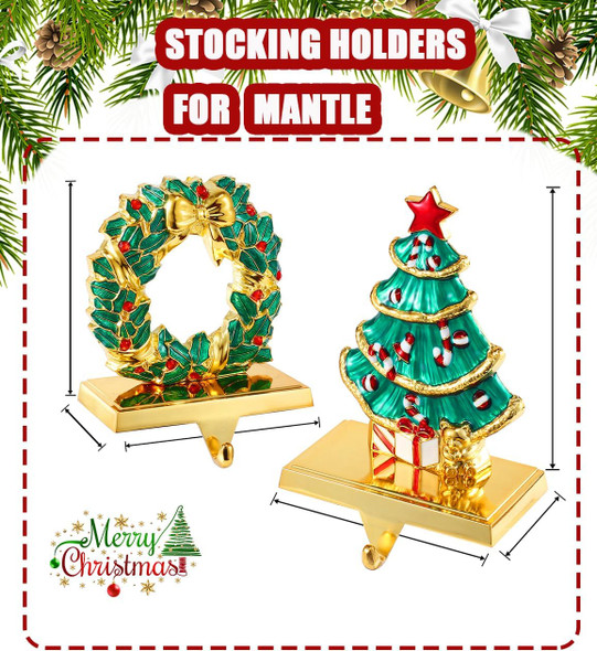 Christmas Tree Stocking Holders for Mantel ,Christmas Wreath Stocking Hangers for Fireplace Mantel Weighted Stocking Hooks Metal Tree Stocking Holder Stand for Christmas Decoration (Gold Tree Set)