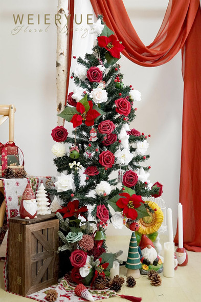 Artificial Flower Box Set Christmas red Themed Floral Decorations，Silk Fake Flowers for DIY Centerpieces Cake Decorations, Xmas Wreath Floral Arrangements Party (Merry Christmas Red)