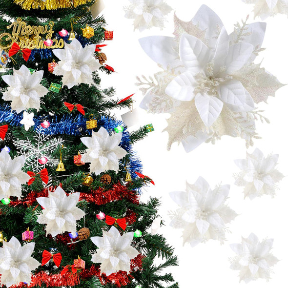 Poinsettia Christmas Decorations Flowers - 12Pcs Artificial Red Gold Poinsettia Christmas Tree Ornaments Glittery for Xmas Year Wedding Party Wreath DIY Garland Decor (White)