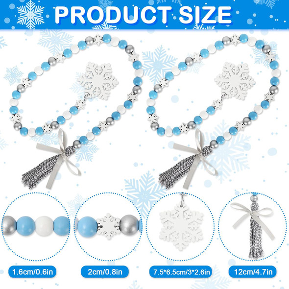 Whaline 2Pcs Winter Wood Bead Garland with Snowflake Tassel Xmas Tree Blue White Silver Snowflake Garland Tiered Tray Decor Rustic Farmhouse Wooden Bead Garland for Winter Home Fireplace Decor