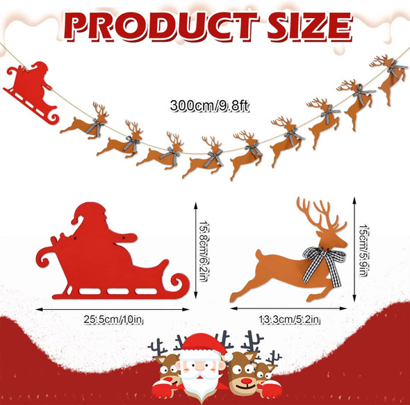 Whaline Wooden Christmas Banner Santa Sleigh and Reindeer Wood Banner Pre-Assembled Rustic Bunting Garland Sign Celebration Hanging Decorations for Xmas Party Supplies Home Decoration