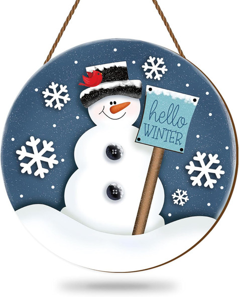 Whaline Christmas Snowman Wooden Hanging Sign Hello Winter Door Hanger Sign Snowflake Front Door Decor Xmas Winter Welcome Wreath Sign for Indoor Outdoor Home Farmhouse Wall Window Decor