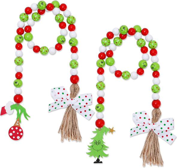 Whaline 2Pcs Christmas Wooden Bead Garlands Red Green Cartoon Character Rustic Wood Bead Garland with Rope Tassel Xmas Hanging Decor for Farmhouse Tiered Tray Home Decor Christmas Party Suppliers