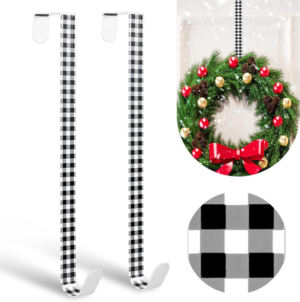 Whaline 2Pcs Christmas Wreath Hanger, 15 Inch Wreath Hangers for Front Door Plaids Xmas Wreath Door Hanger Long Metal Over The Door Wreath Hook Hanger for Xmas Wreath Home Decoration