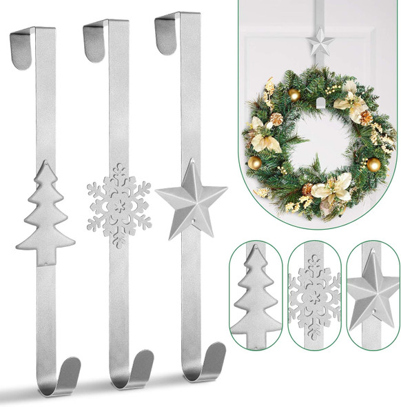Whaline 3Pcs Christmas Wreath Hanger Over The Door Metal Wreath Hook Star Snowflake Christmas Tree Wreath Holder for Xmas Party Decor Door Wall Home Office, Silver, 15in
