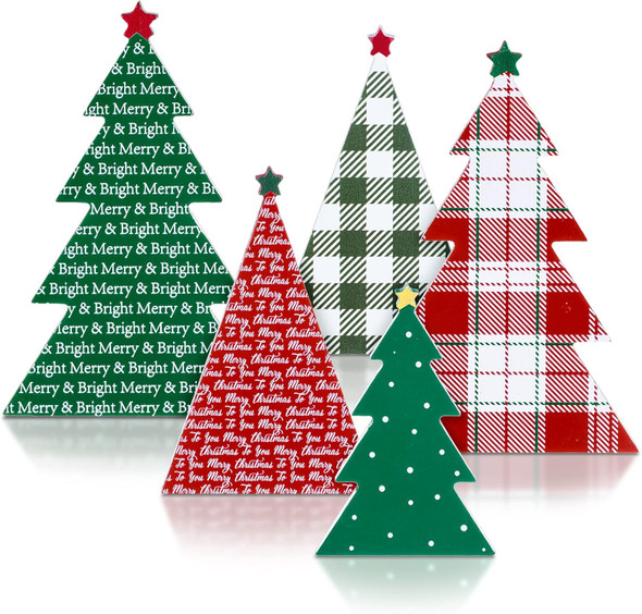 Whaline 5Pcs Wooden Christmas Tree Tabletop Decoration 3 Sizes Red Green Plaid Xmas Tree Table Centerpieces Rustic Sanding Christmas Tree Wood Sign for Home Office Fireplace Farmhouse