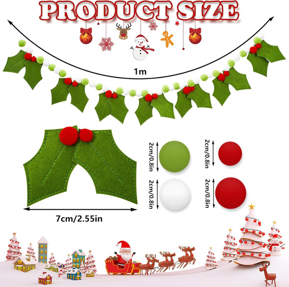 Whaline Christmas Holly and Berries Felt Garland Red White Green Leaves Pom Pom Banner Xmas Hanging Ornament for Winter Holiday Indoor Outdoor Home Party Decor