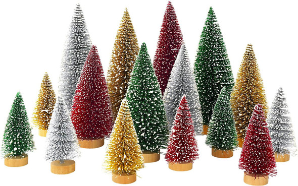 Whaline 16Pcs Artificial Mini Christmas Tree Snow Frosted Trees Red Green Gold Silver Bottle Brush Tree Desktop Mini Pine Tree with Wood Base for Christmas Home Office Tabletop Crafts, 3 Sizes