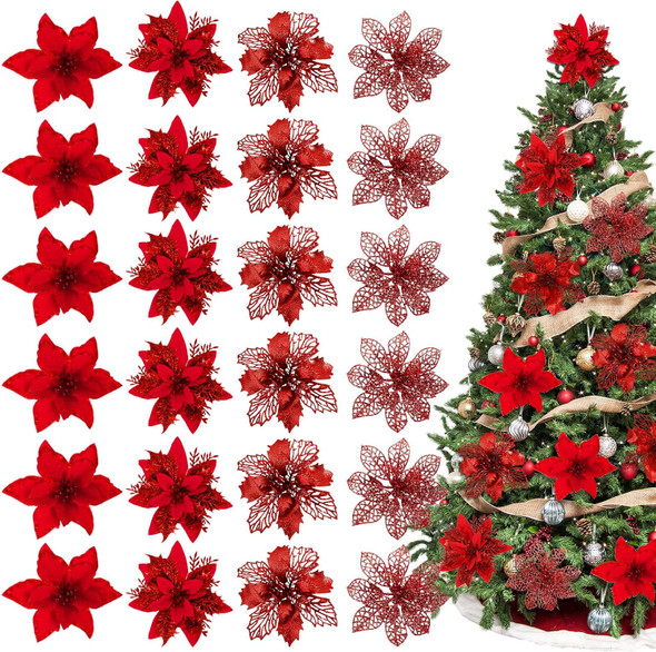 Whaline 24Pcs Christmas Poinsettias Xmas Red Glitter Artificial Flowers with 24Pcs Clips for Wreath Xmas Tree Ornament Wedding Party Decor