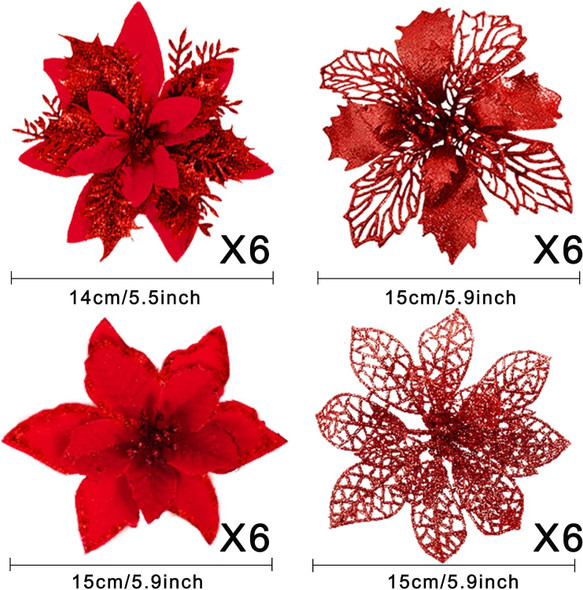 Whaline 24Pcs Christmas Poinsettias Xmas Red Glitter Artificial Flowers with 24Pcs Clips for Wreath Xmas Tree Ornament Wedding Party Decor