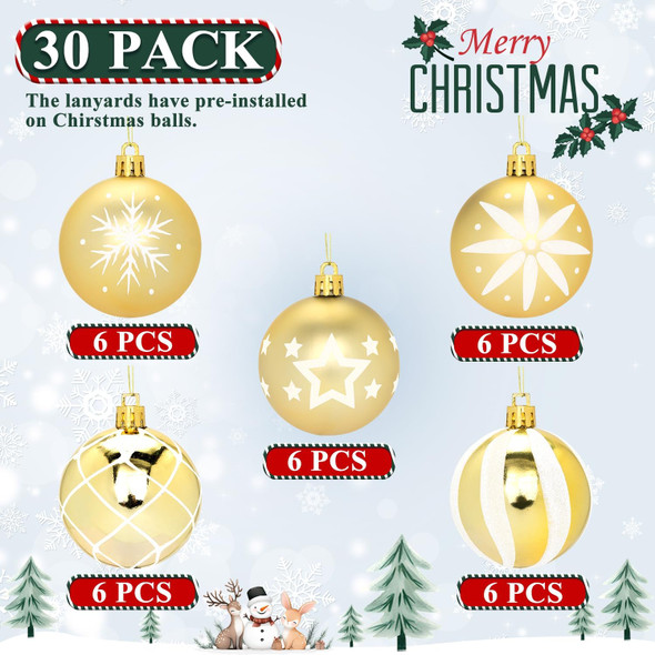 30 Pcs Christmas Ball Ornaments Set, 2.36'' Gold and White Hand-Painted Ornament Bulk for Christmas Tree, Shatterproof Xmas Tree Decorations for Holiday Party, Wreath, Garland, Winter Holiday