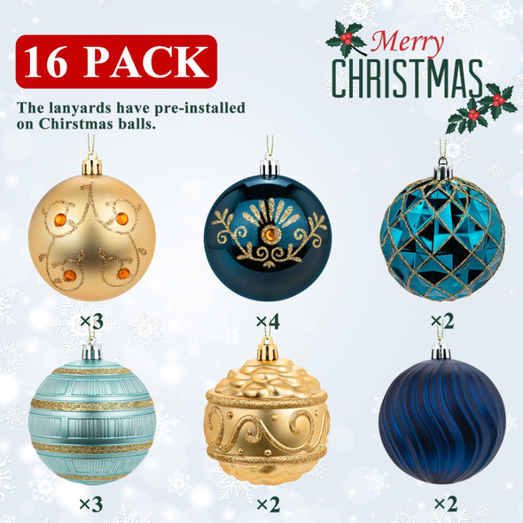3.15" Christmas Ball Ornaments Set, 16pc Bulk Blue and Gold Xmas Tree Ornaments Decoration, Shatterproof Large Decorative Hanging Balls with Loop for Christmas Party Holiday Wreath Garland Home Decor